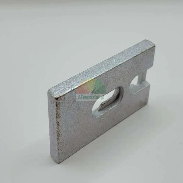 Rectangular galvanized metal mounting plate with two holes on a white background