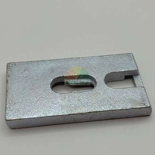 Rectangular metal plate with a keyhole-shaped opening and a side cutout.