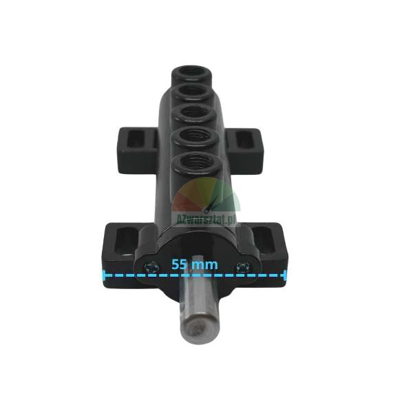 Black hydraulic cylinder with five ports and mounting bracket, indicating 55 mm distance between holes