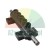 Black manifold with five threaded ports and a silver metal rod on a white background.