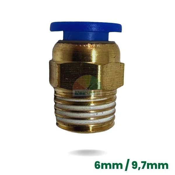 Brass pneumatic fitting for 6mm tube with 9.7mm thread and blue push-in collar