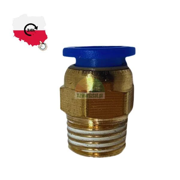 Brass pneumatic push-in fitting with a blue release ring and external thread with sealant.