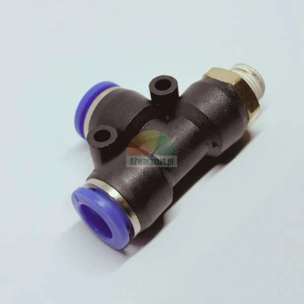 Pneumatic push-in T-fitting with male thread, black body with blue release rings.