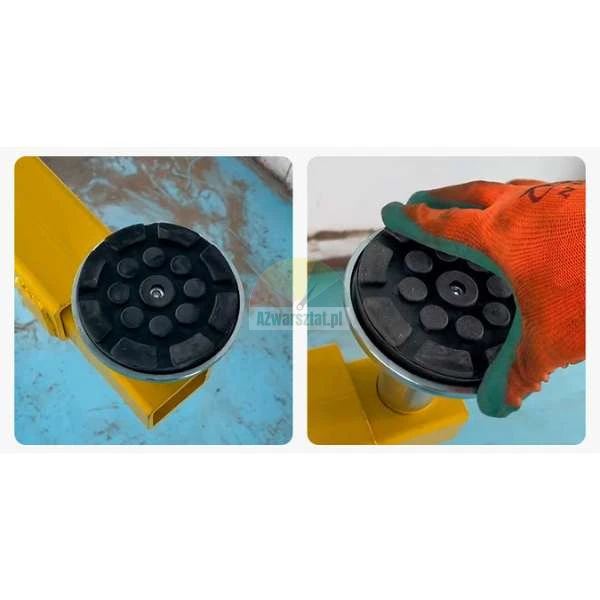 Rubber pad on a car lift arm, top view and installation by a gloved hand.
