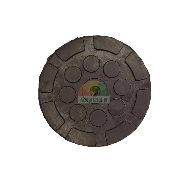 Round black rubber pad for car lift with textured surface pattern.
