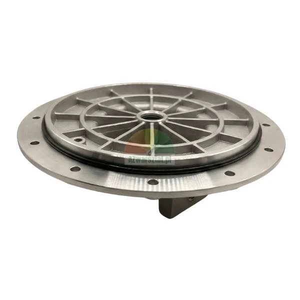 Circular metal industrial component with radial ribs, a black O-ring seal, and mounting holes around the perimeter.