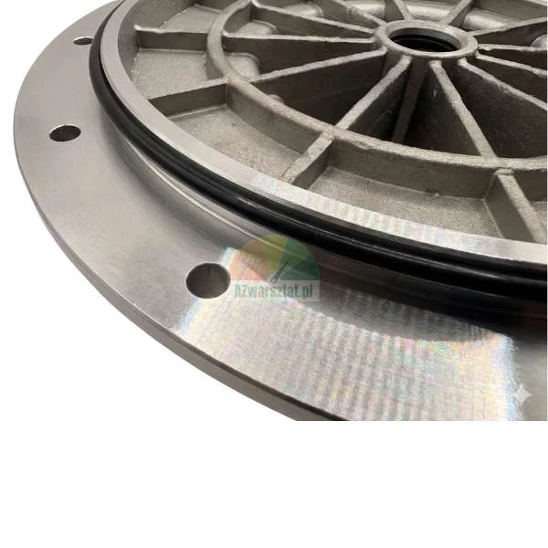 Close-up of a circular industrial metal flange featuring a black rubber O-ring seal and pre-drilled bolt holes.
