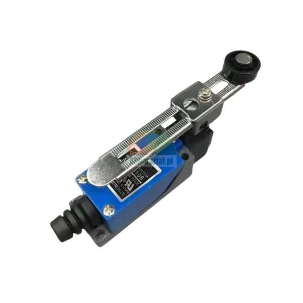 Industrial limit switch with adjustable lever and roller, blue housing