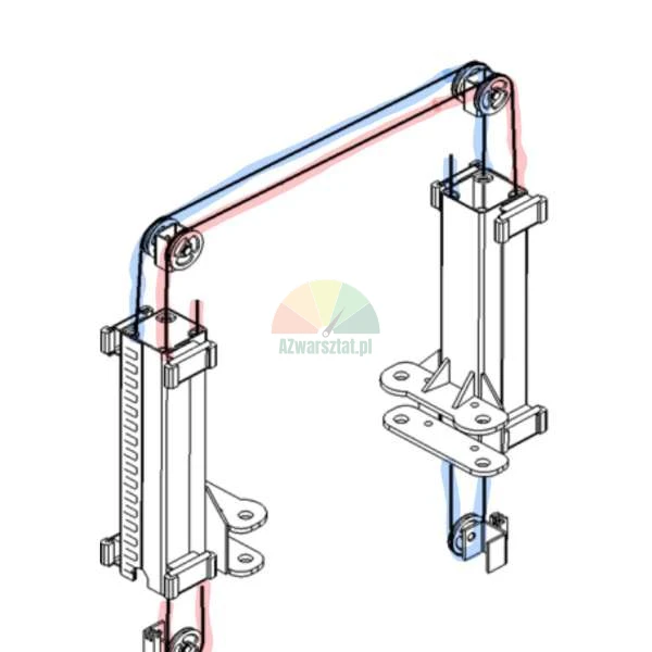 Technical diagram of a cable pulley mechanism for a lift, illustrating cable routing with blue and red lines.