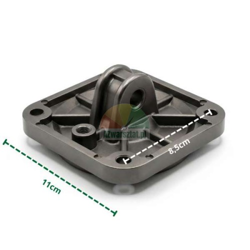 Metal cylinder mounting flange with eye, 11cm width, 8.5cm hole spacing