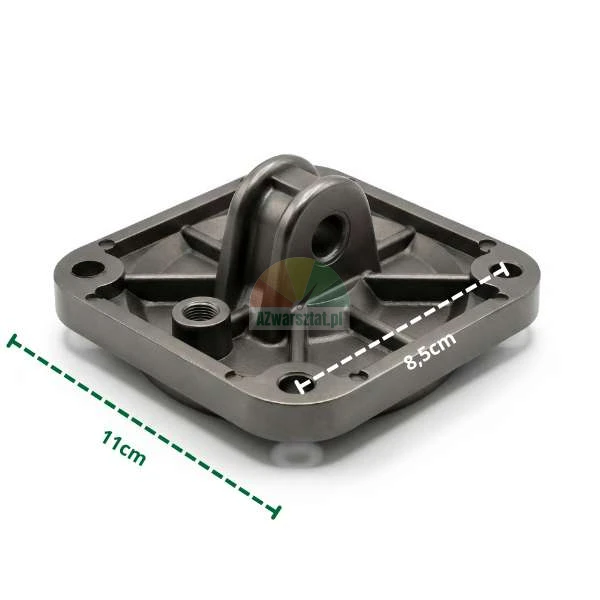 Metal cylinder mounting flange with eye, 11cm width, 8.5cm hole spacing