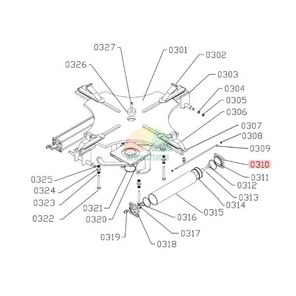 Assembly diagram of a tire changer turntable component with part number 0310 highlighted in red.