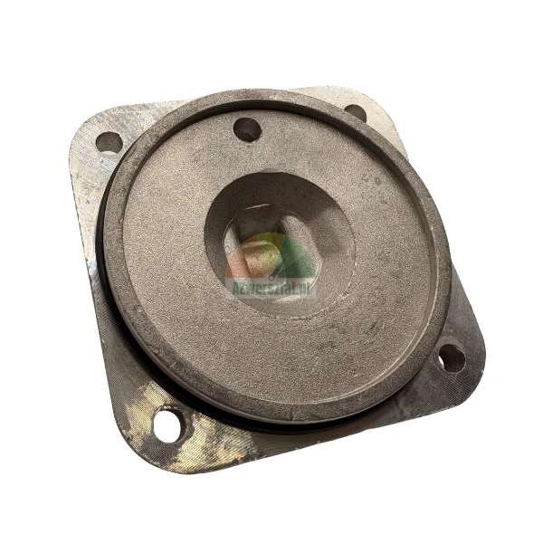 Industrial metal casting with a square flange and four mounting holes.