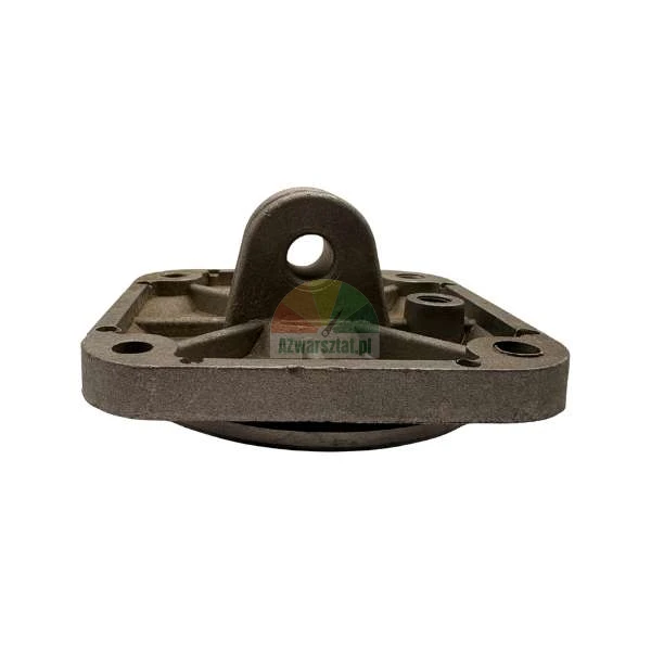 Industrial metal casting with a square base, four mounting holes, and a central eyelet.