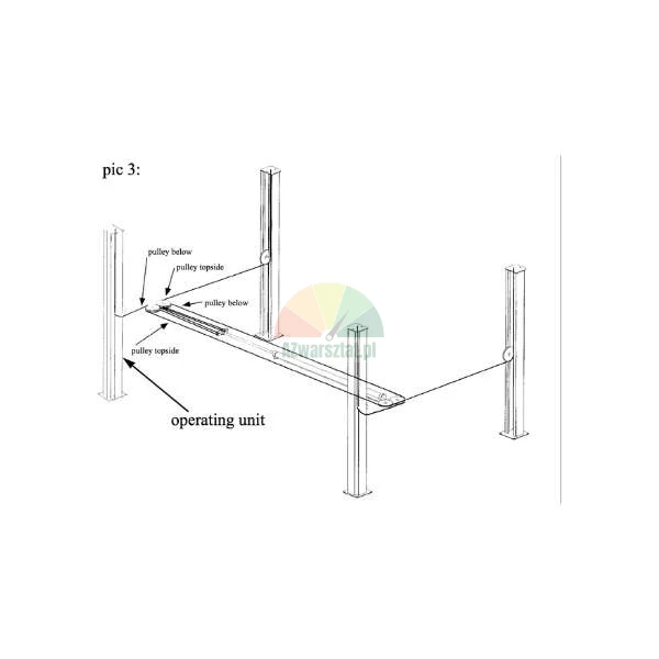 Technical diagram of a four-post lift showing the placement of the operating unit and pulleys on the topside and below.