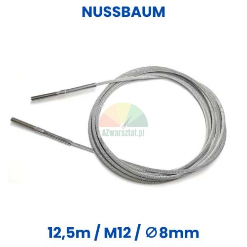 Replacement steel cable for Nussbaum lift, 12.5m length, M12 thread, 8mm diameter