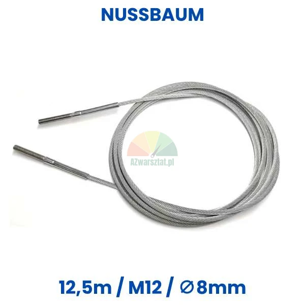 Replacement steel cable for Nussbaum lift, 12.5m length, M12 thread, 8mm diameter