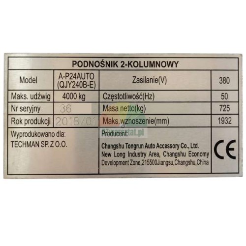 Nameplate of the QJY240B-E 2-post lift showing technical specifications.