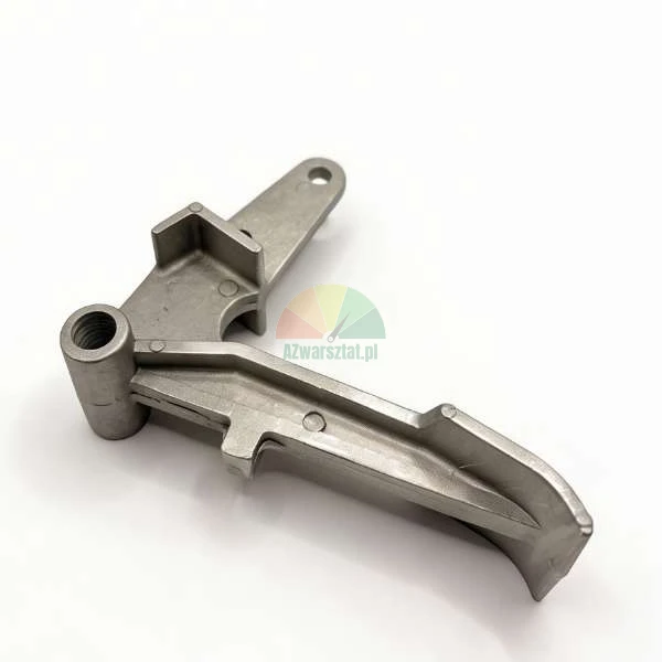 Silver metal mechanical component, a die-cast lever on a white background.