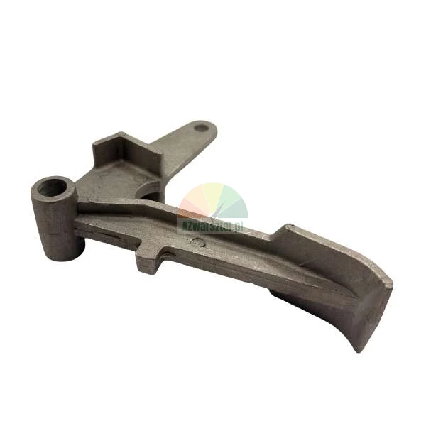 Metal lever arm part for engine or machinery, cast component on white background.