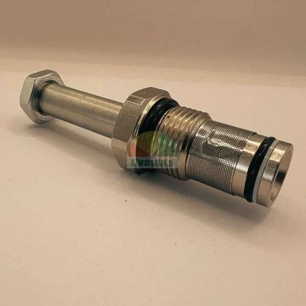 Metal hydraulic component with a mesh filter, thread, and o-ring seals.