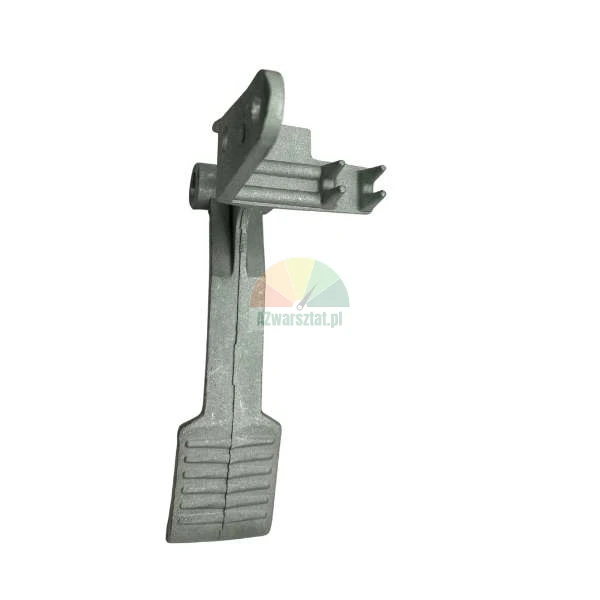 Gray cast metal lever with a ribbed foot plate and mounting mechanism isolated on a white background.