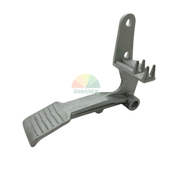 Metal foot pedal lever for machinery with a ribbed footrest and mounting holes.