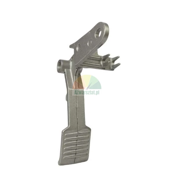 Silver metal brake lever for a chainsaw on a white background.