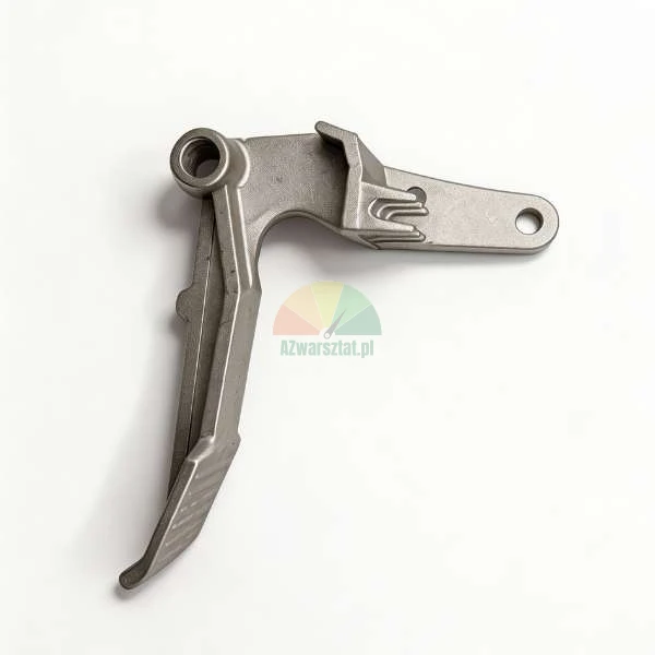 Metal mechanical lever component with mounting holes on a white background