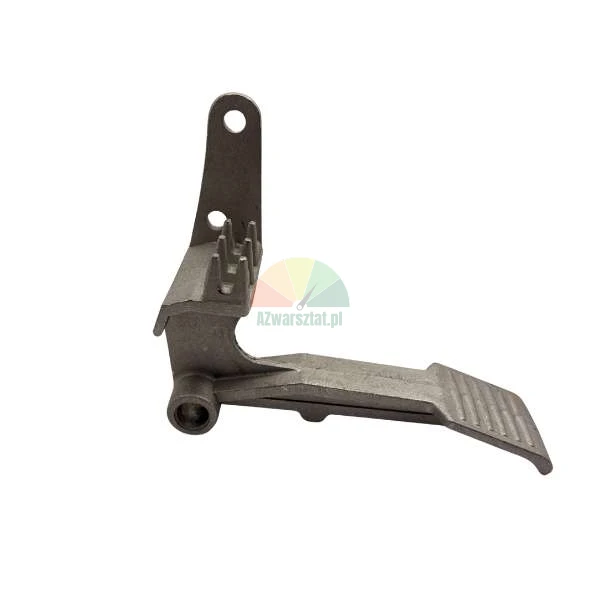 Metal pedal lever with mounting bracket, cast iron component for machinery.