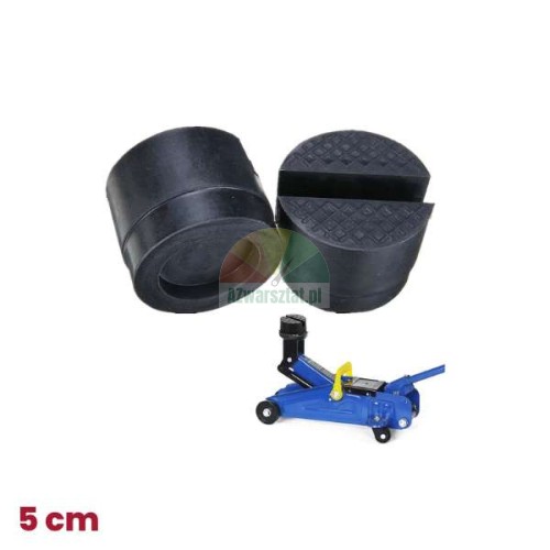 Black 5 cm rubber jack pad with a slot shown next to a blue hydraulic floor jack