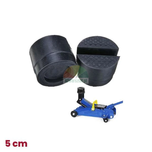 Black 5 cm rubber jack pad with a slot shown next to a blue hydraulic floor jack