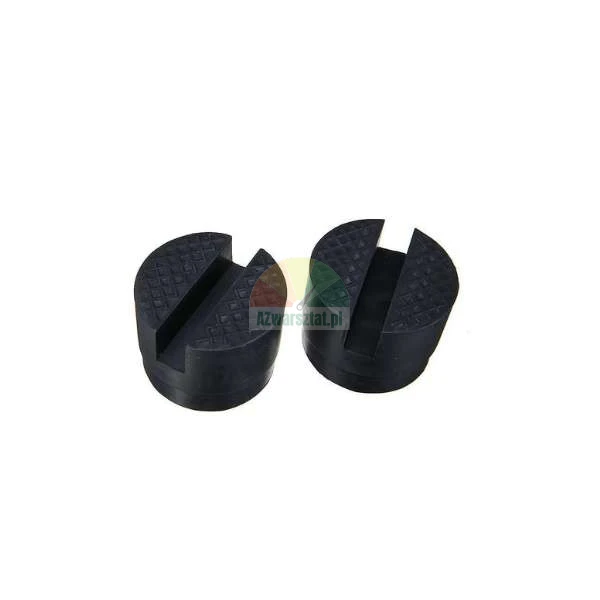 Two black rubber jack pads with a slot and anti-slip textured surface for car lifting.