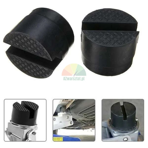 Rubber jack pad adapter with slot for hydraulic jack, set of two pieces and usage examples under the car chassis.