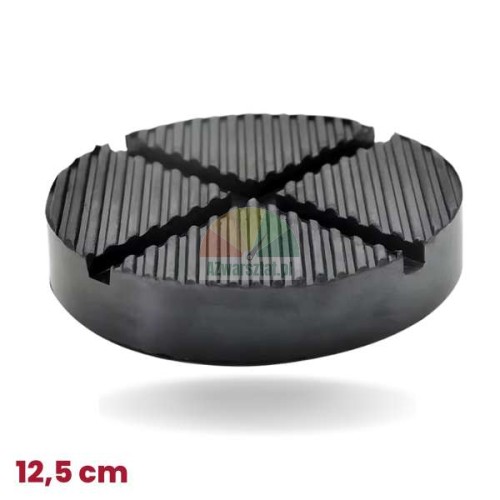 Rubber car jack pad 12.5 cm diameter with anti-slip ribbed surface and cross slot.