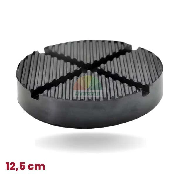 Rubber car jack pad 12.5 cm diameter with anti-slip ribbed surface and cross slot.