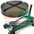 Black rubber jack pad adapter for hydraulic floor jack with grooved surface shown on a green jack