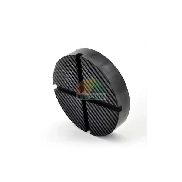 Black circular rubber jack pad with cross-shaped slot and textured surface