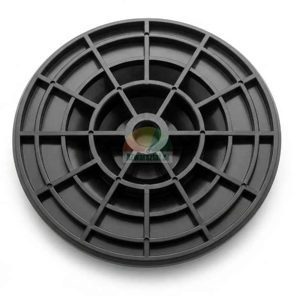 Black, circular terrace pedestal base made of plastic with a reinforcing grid.