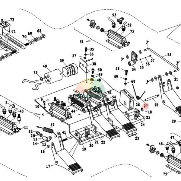 Technical assembly diagram of a pedal mechanism with spring number 27 highlighted in a red circle.