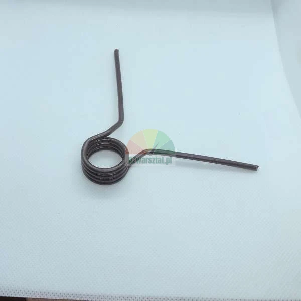 Metal torsion spring with two arms on a light background.