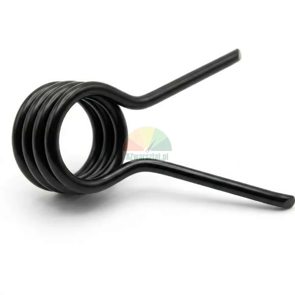 Black metal torsion spring with four coils on a white background.