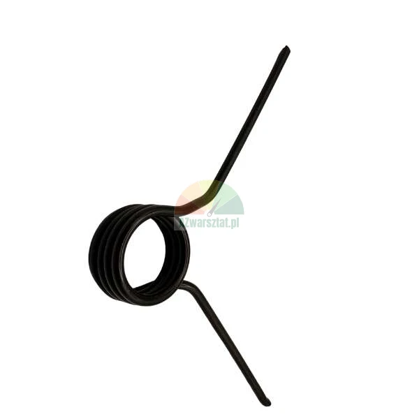 Black metal torsion spring with two arms on a white background.