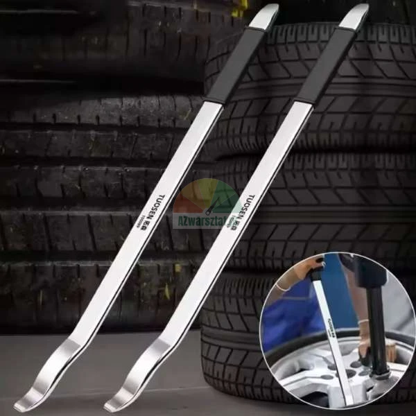 Two metal tire levers by Tuosen brand in front of stacked car tires.