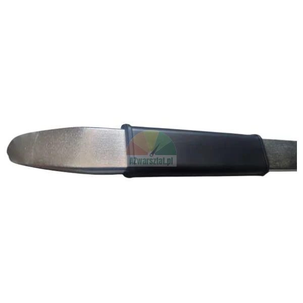 Metal tire lever with a black handle on a white background.