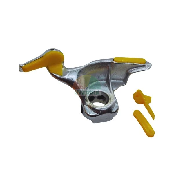 Metal tire changer duck head with yellow plastic protective inserts.