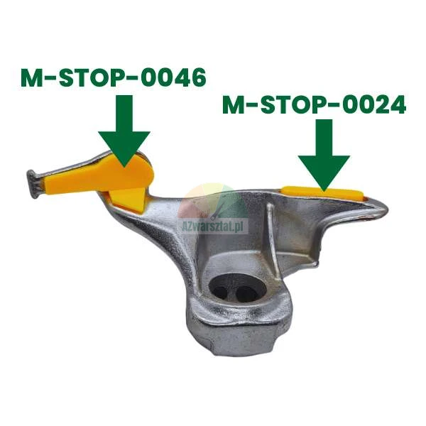 Metal tire changer mount head with highlighted yellow protection inserts M-STOP-0046 and M-STOP-0024.