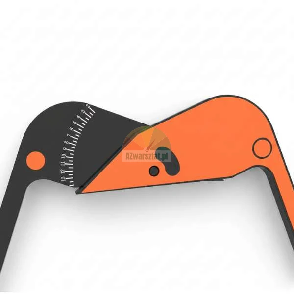 Close-up of an orange and black measuring tool with a numerical scale.