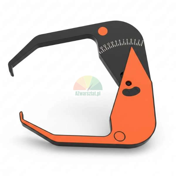 Body fat caliper for skinfold measurement, black and orange design with a numerical scale.