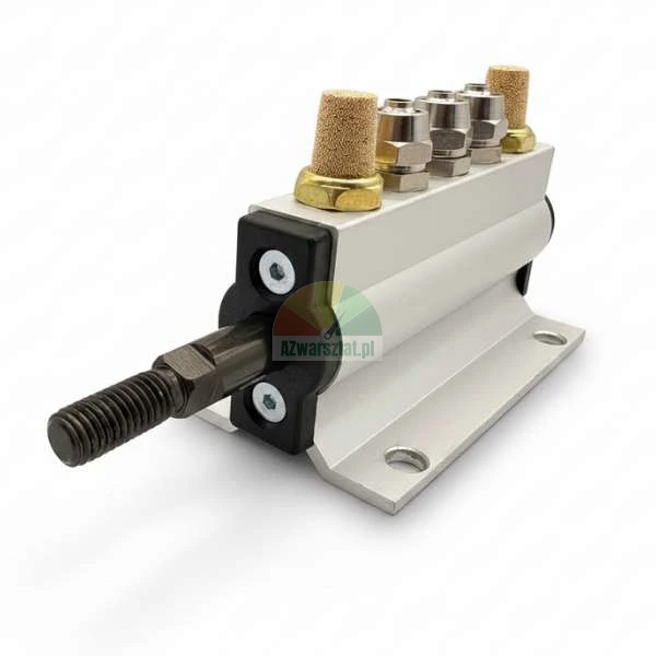 Pneumatic cylinder with threaded rod and brass silencers on a white background.